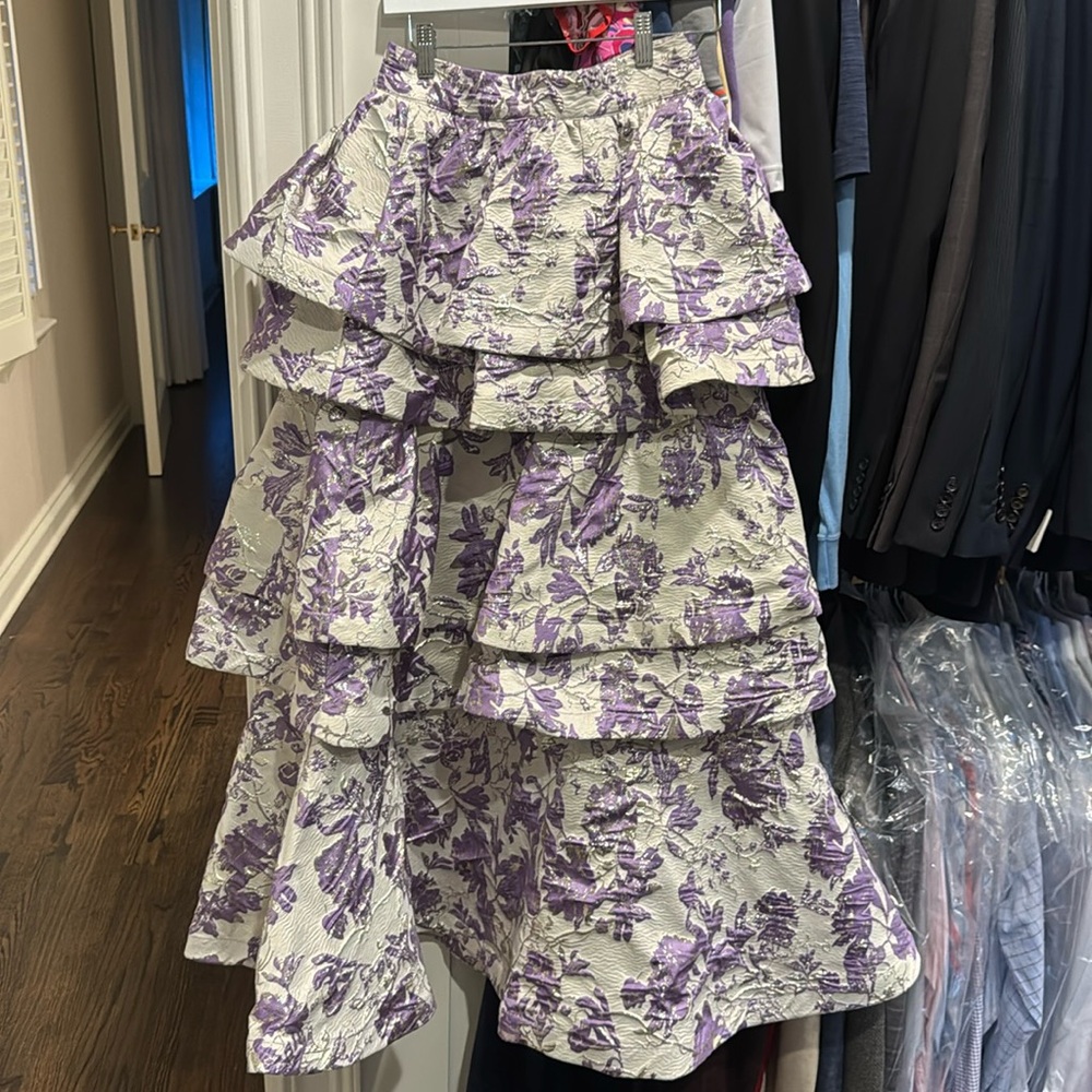Buru Teagan Ruffle Stripe Full Length A-Line Skirt Purple Brocade Lavendar small